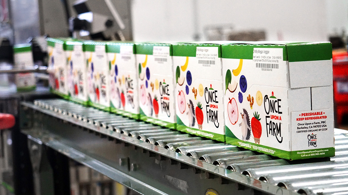 Once Upon a Farm packaged products on SOMIC’s case packaging system.